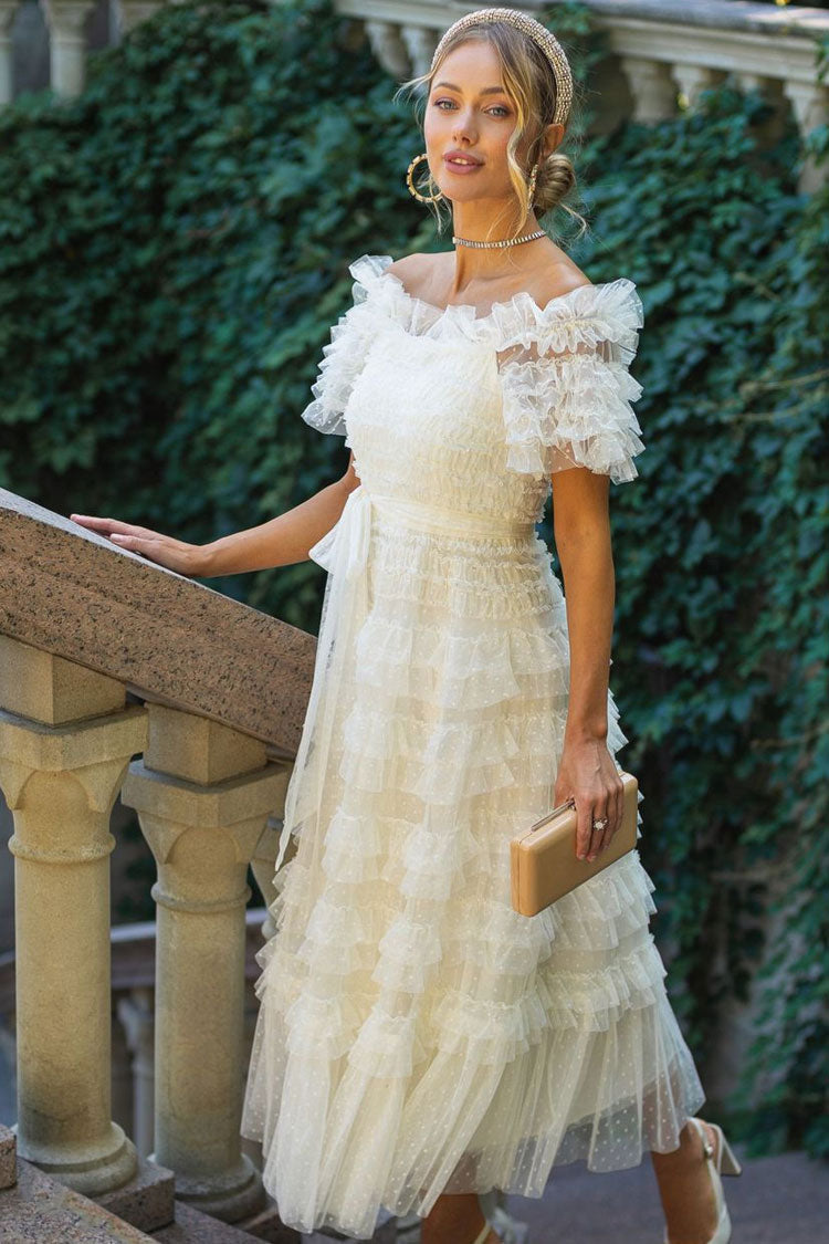 Classic Layered Ruffle Off Shoulder Dotted Tulle Cocktail Midi Dress - Apricot