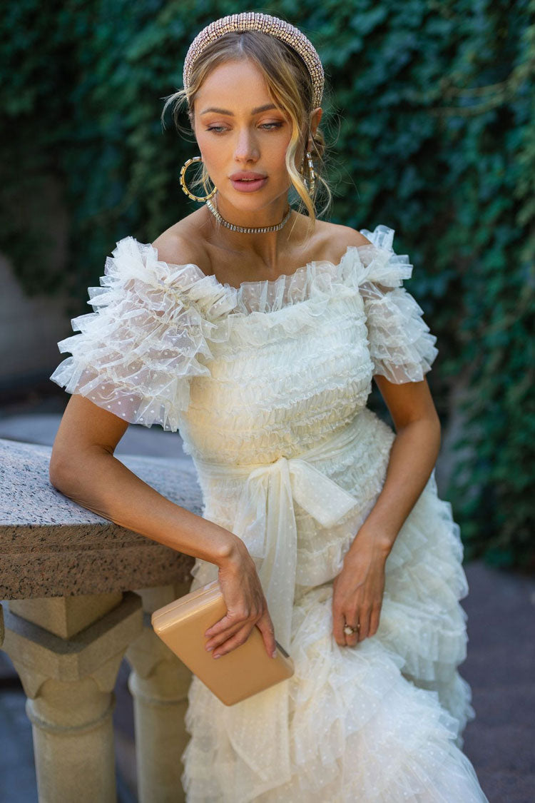 Classic Layered Ruffle Off Shoulder Dotted Tulle Cocktail Midi Dress - Apricot