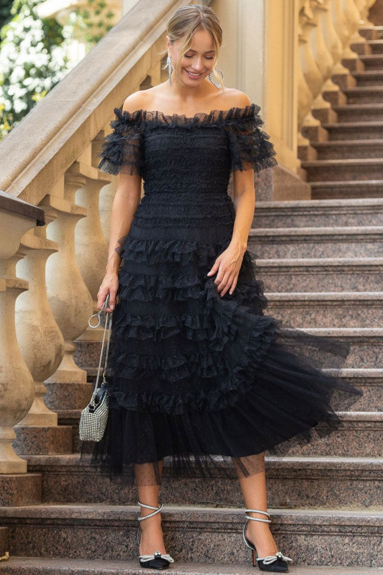 Classic Layered Ruffle Off Shoulder Dotted Tulle Cocktail Midi Dress - Black