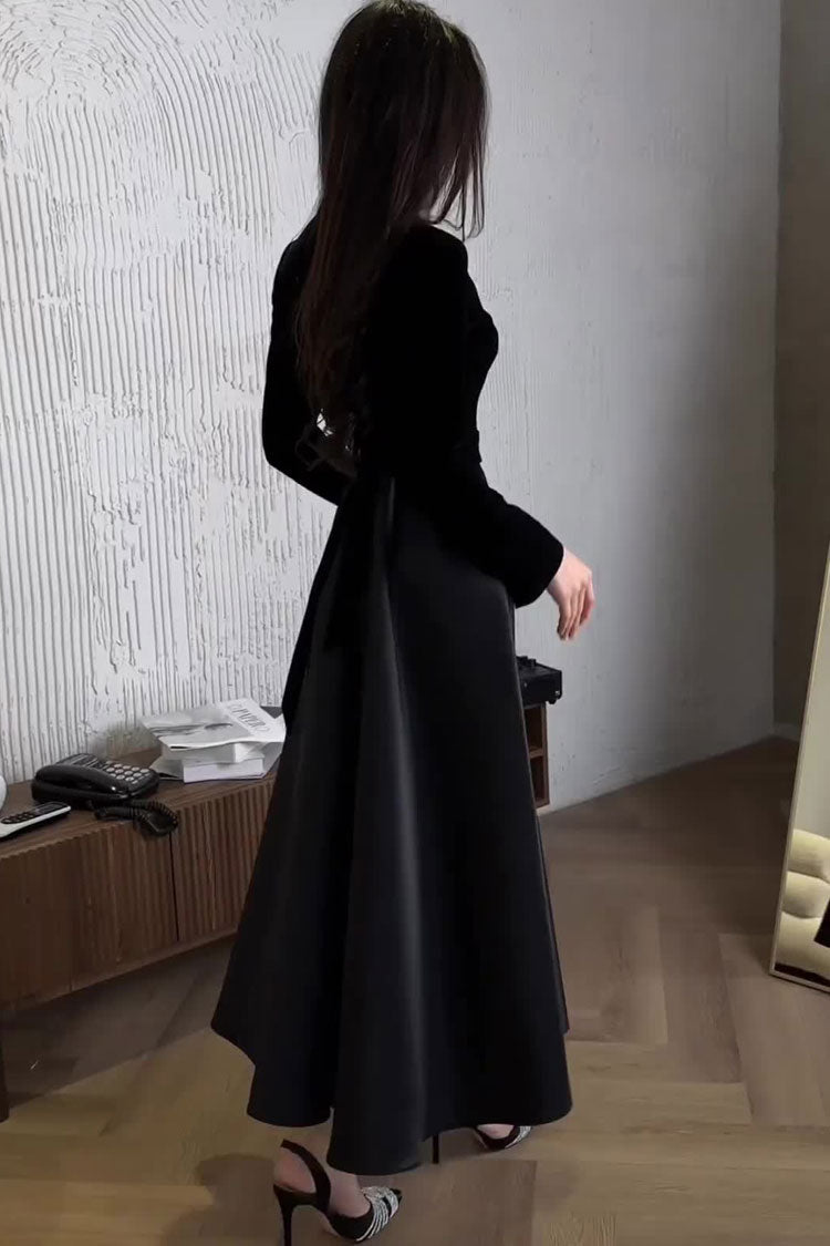 Classic Long Sleeve High Waist Velvet Silky Satin Evening Maxi Dress - Black