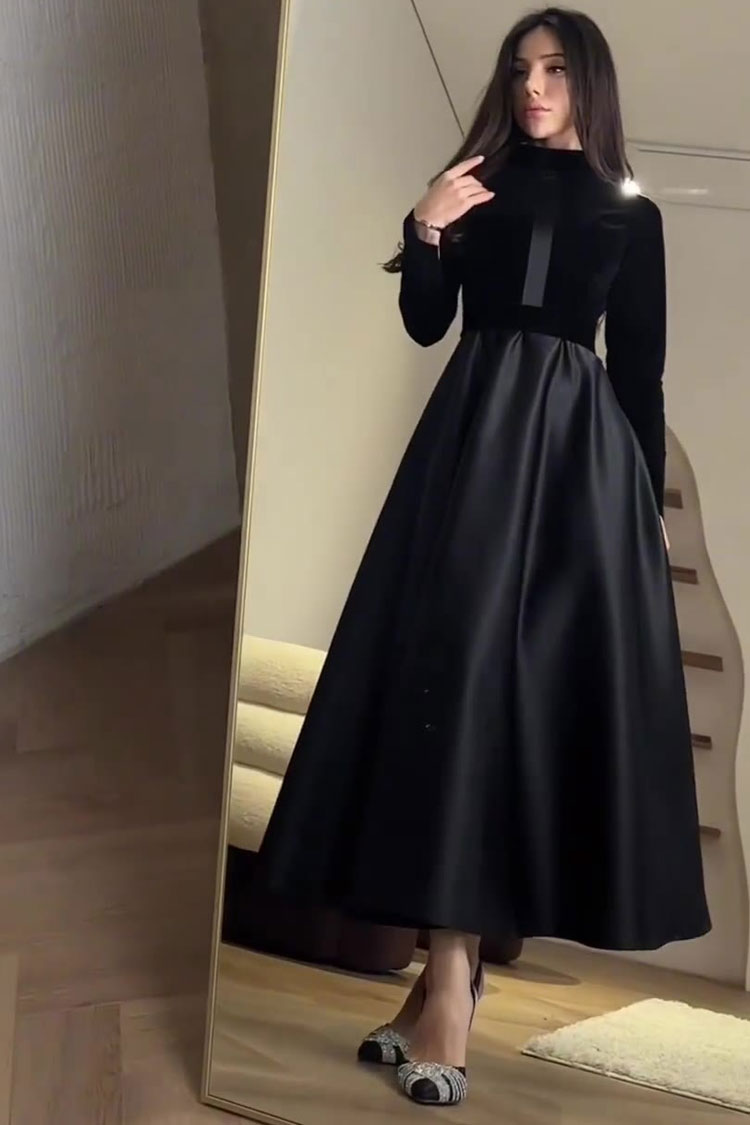 Classic Long Sleeve High Waist Velvet Silky Satin Evening Maxi Dress - Black