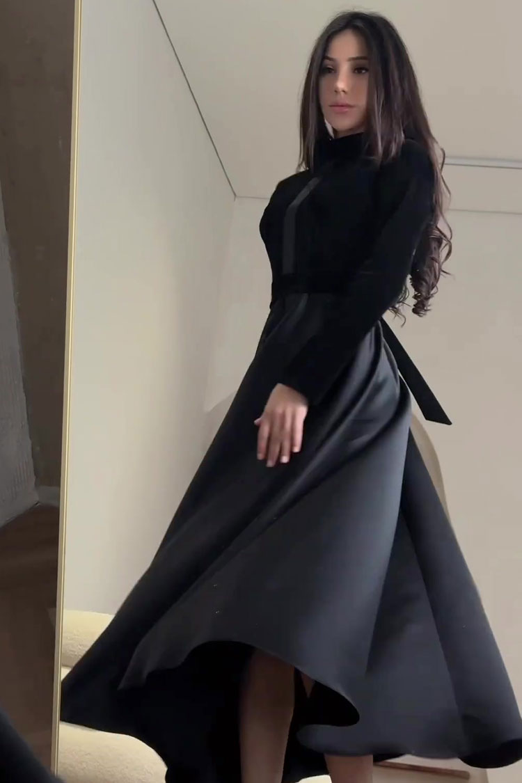 Classic Long Sleeve High Waist Velvet Silky Satin Evening Maxi Dress - Black