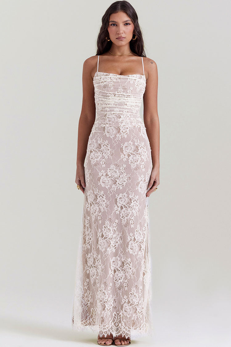 Classic Long Sleeve Shrug Floral Lace Sleeveless Evening Maxi Dress - Cream