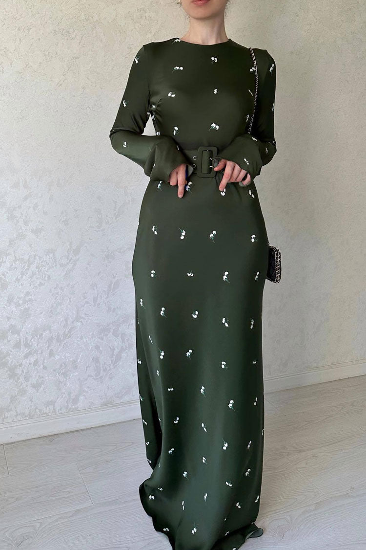Timeless Long Sleeve Silky Satin Floral Printed Maxi Dress - Green