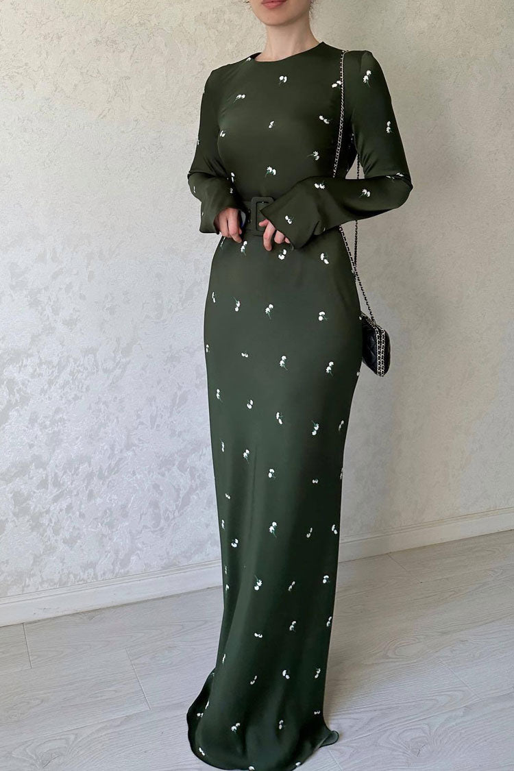 Timeless Long Sleeve Silky Satin Floral Printed Maxi Dress - Green