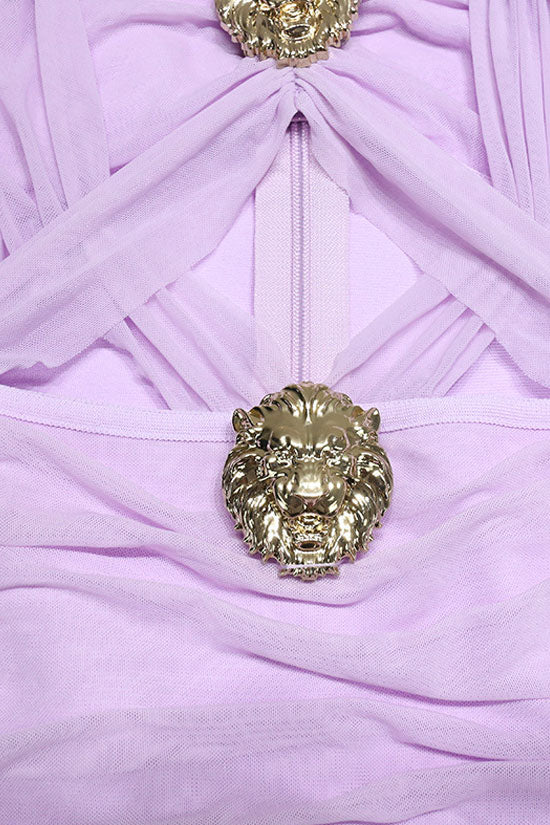 Retro Metal Trim Cutout Sleeveless Ruched Mesh Bandage Mini Dress - Lilac