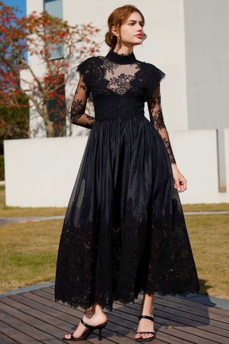 Classic Mock Neck Sheer Lace Long Sleeve Evening Maxi Dress - Black