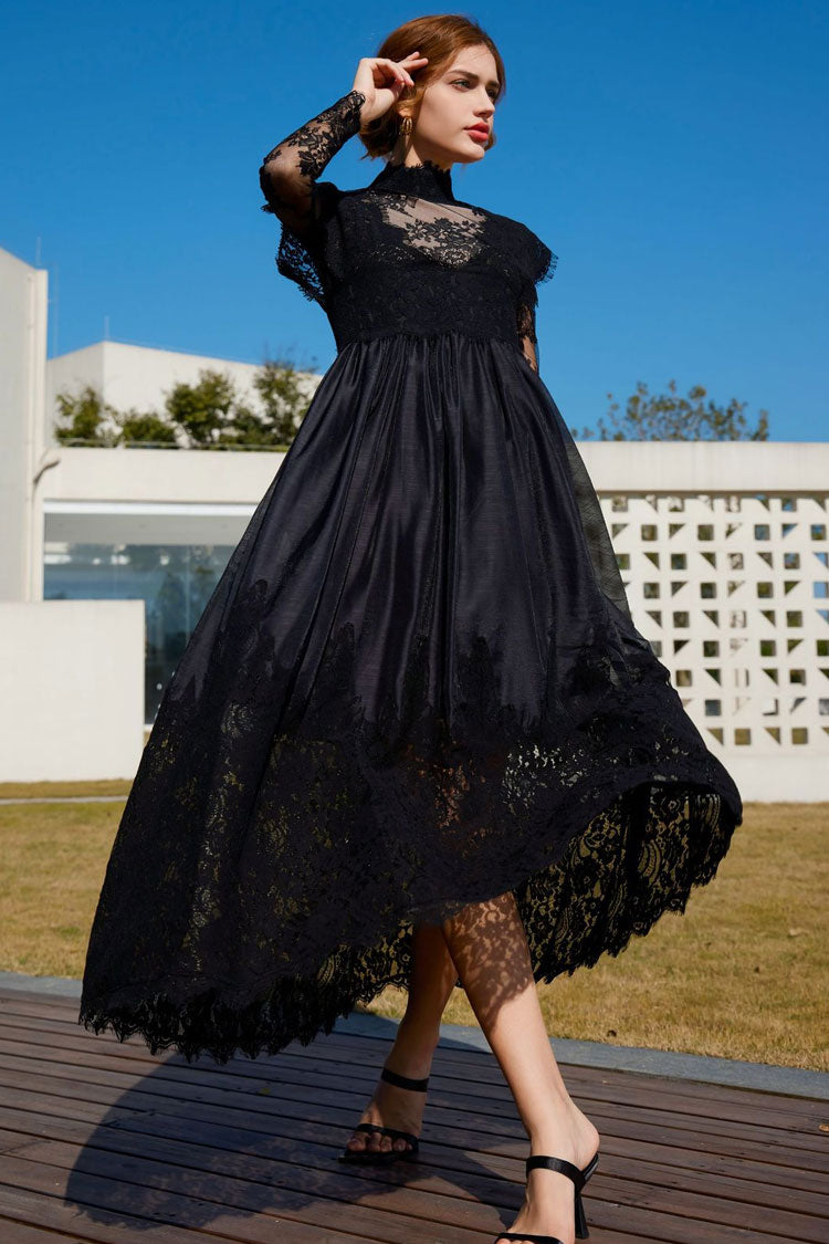 Classic Mock Neck Sheer Lace Long Sleeve Evening Maxi Dress - Black