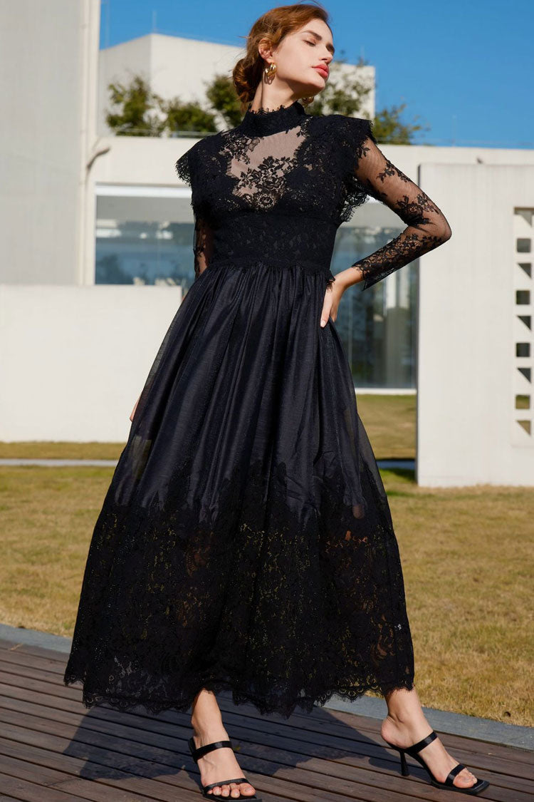 Classic Mock Neck Sheer Lace Long Sleeve Evening Maxi Dress - Black