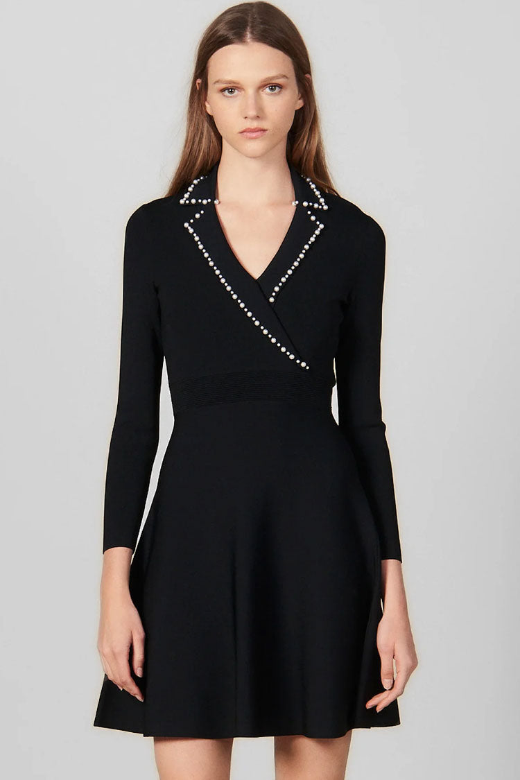Timeless Pearl Lapel Long Sleeve Fit & Flare Sweater Mini Dress - Black