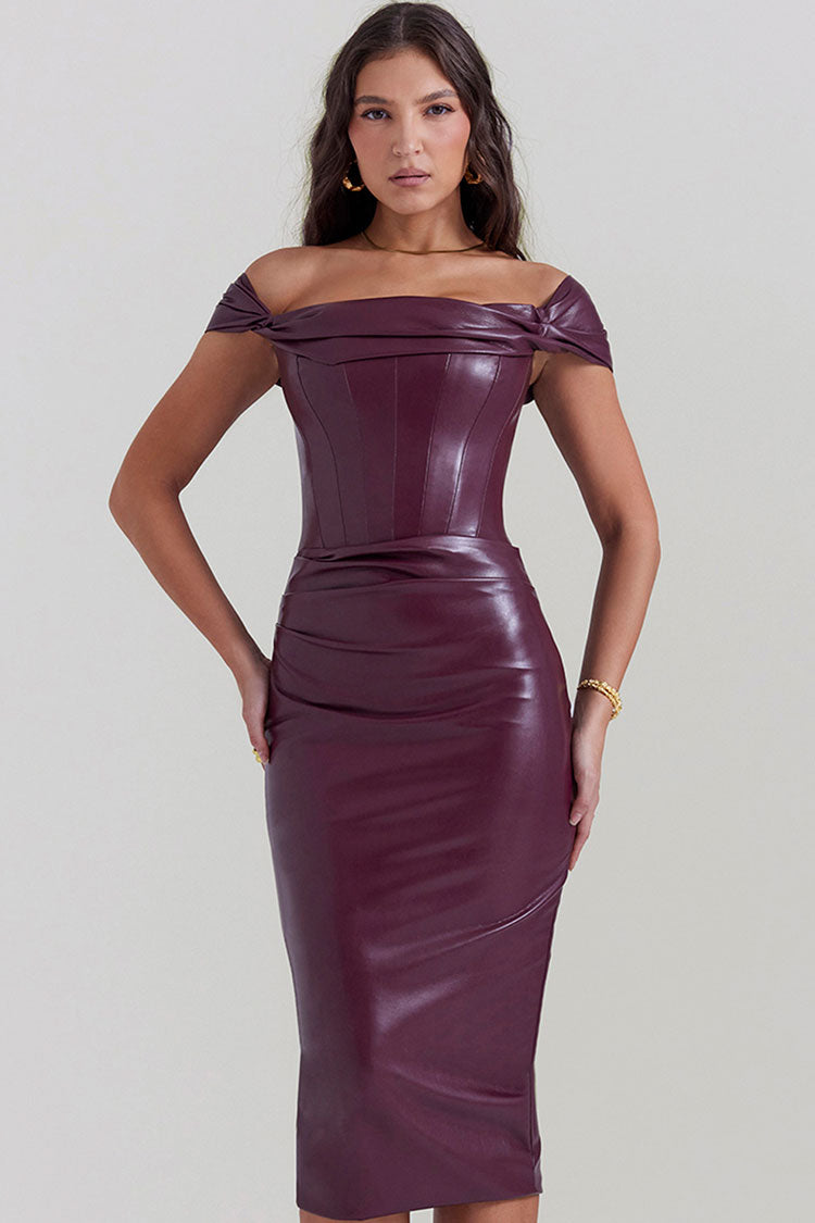 Classic Pleated Off Shoulder Bodycon Vegan Leather Cocktail Mini Dress - Burgundy