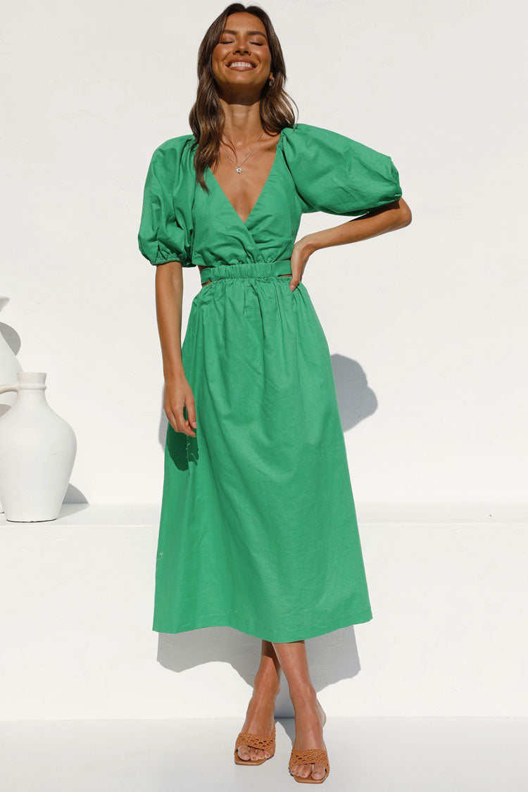 Classic Puff Sleeve Deep V Cutout Beach Vacation Midi Dress - Green