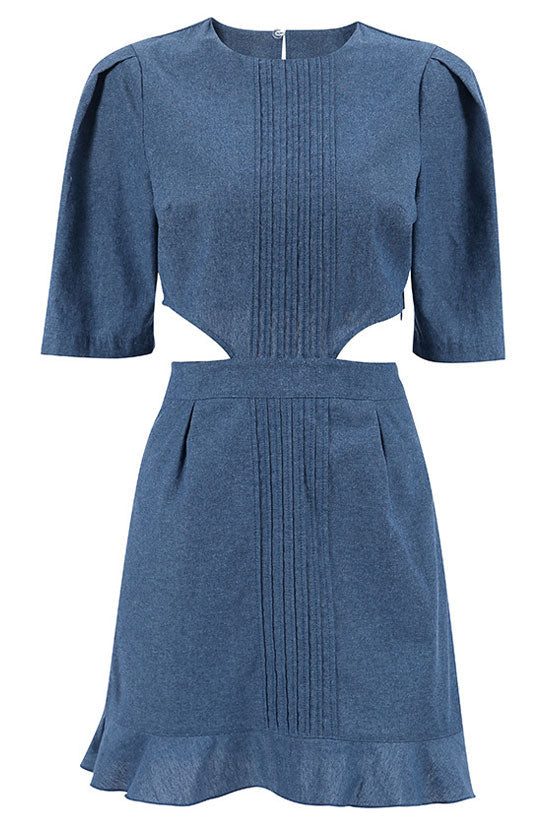 Timeless Puff Sleeve Pleated Trim Cutout Ruffle Denim Mini Dress - Jean Blue