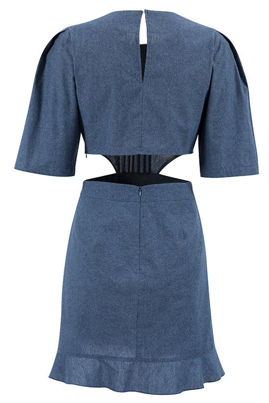 Timeless Puff Sleeve Pleated Trim Cutout Ruffle Denim Mini Dress - Jean Blue