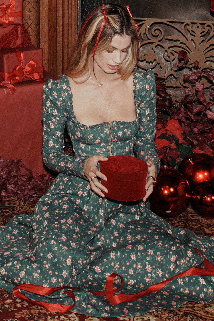 Vintage Ruffled Square Neck Puff Sleeve Fit & Flare Bloom Printed Midi Dress - Emerald Green