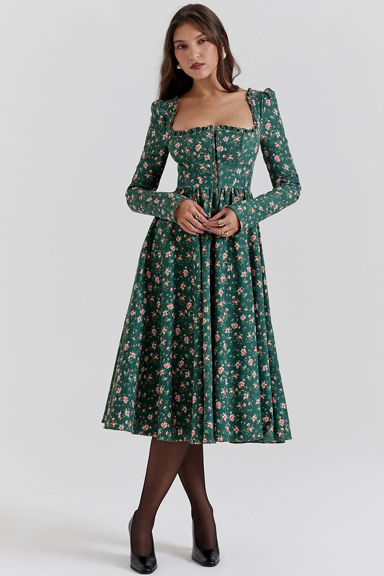 Vintage Ruffled Square Neck Puff Sleeve Fit & Flare Bloom Printed Midi Dress - Emerald Green