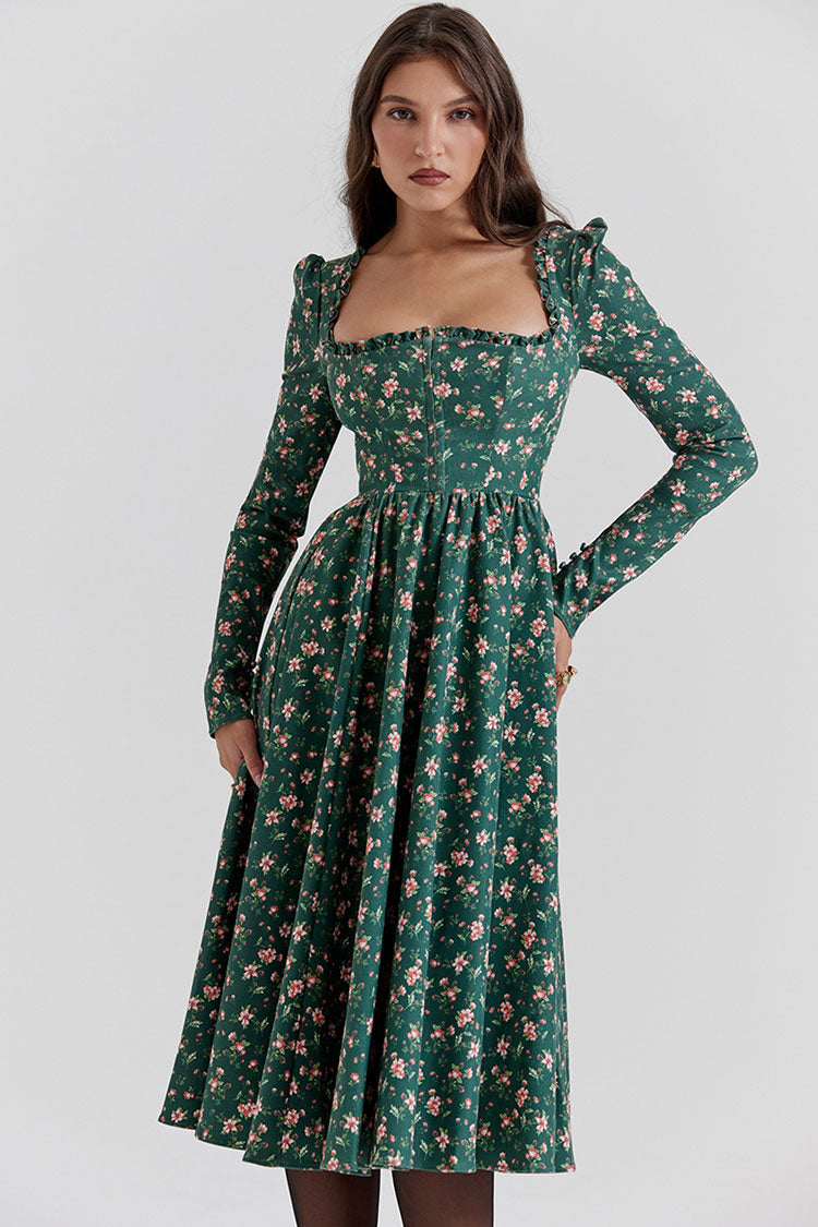 Vintage Ruffled Square Neck Puff Sleeve Fit & Flare Bloom Printed Midi Dress - Emerald Green