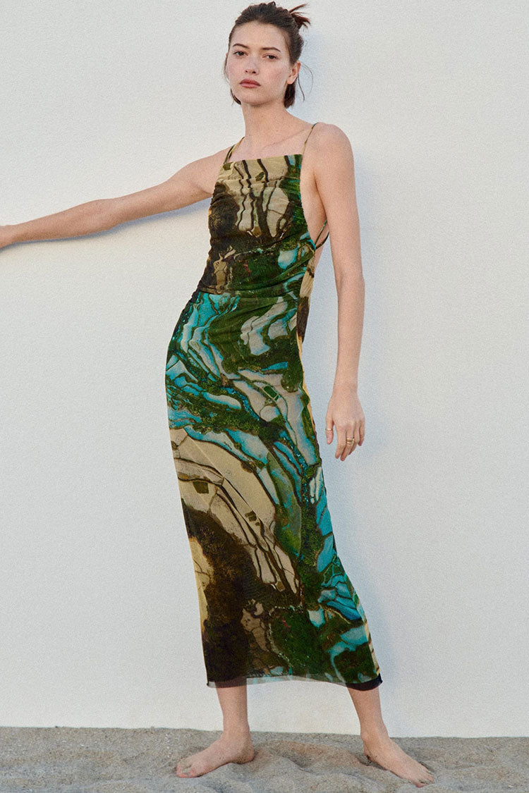 Classic Square Neck Backless Ruched Mesh Sleeveless Midi Dress - Multicolor