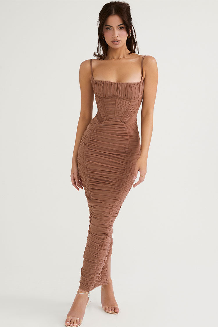 Classic Square Neck Spaghetti Strap Ruched Bodycon Maxi Dress - Coffee