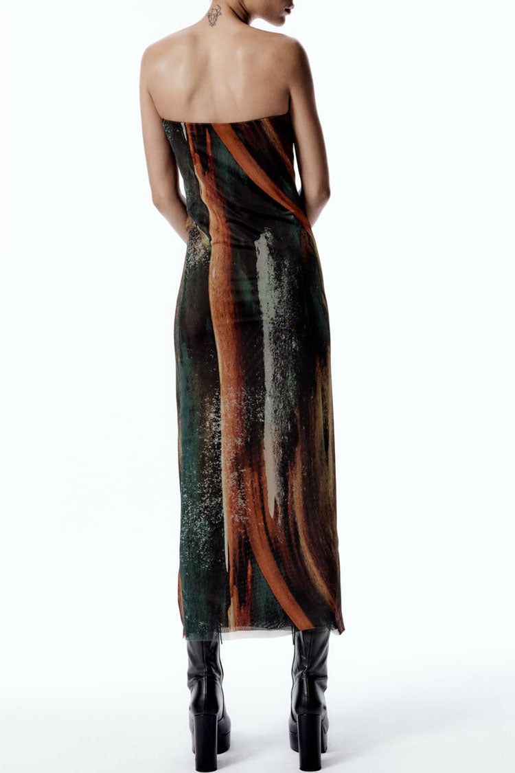 Classic Style Abstract Printed Summer Strapless Mesh Maxi Dress - Brown
