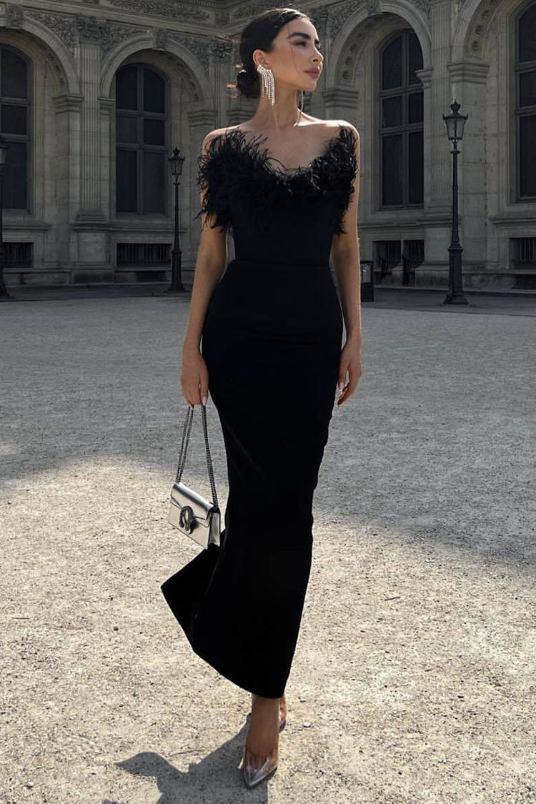 Classic Sweetheart Strapless Bandage Knit Feather Trim Maxi Dress - Black