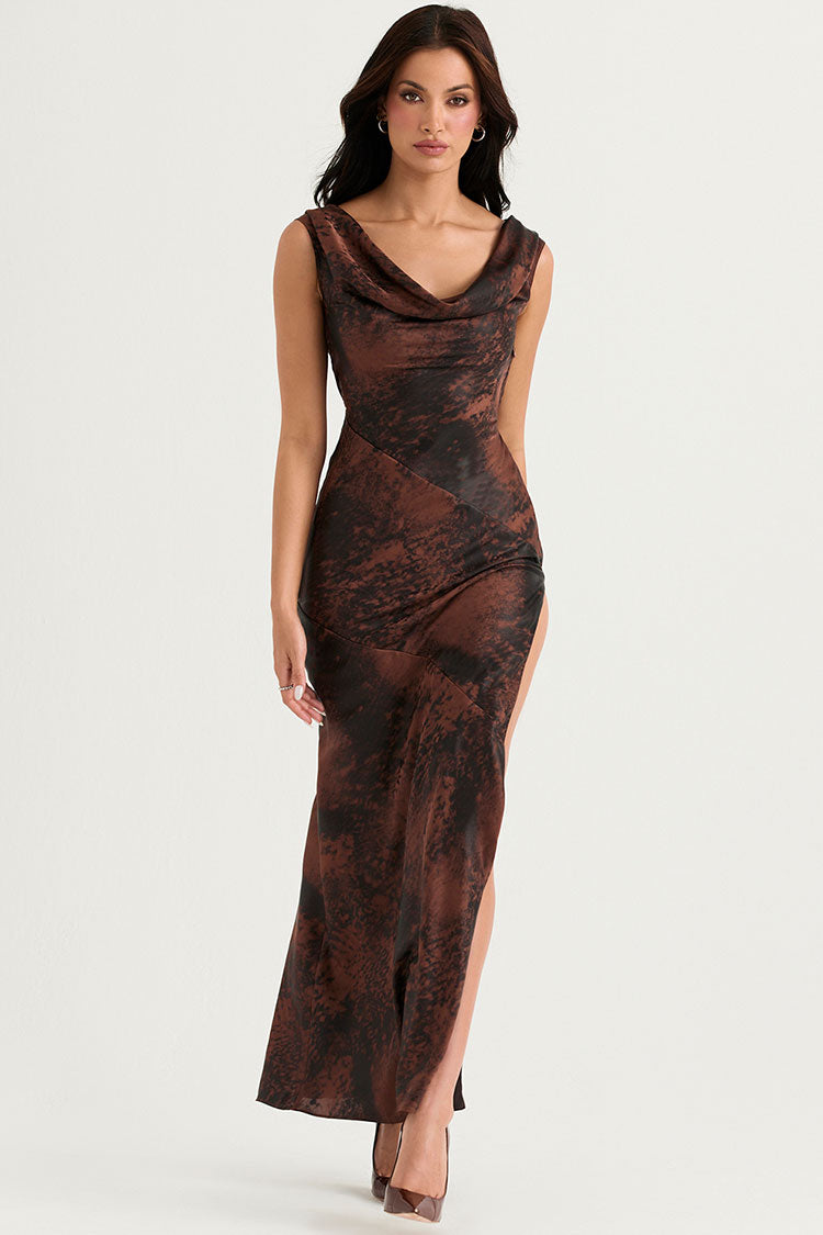 Timeless Tie Dye Cowl Neck High Split Satin Evening Maxi Dress - Brown