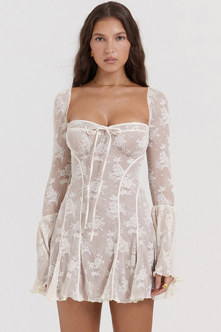 Timeless Tie Neck Bell Sleeve Pleated Floral Lace Fishtail Mini Dress - Beige