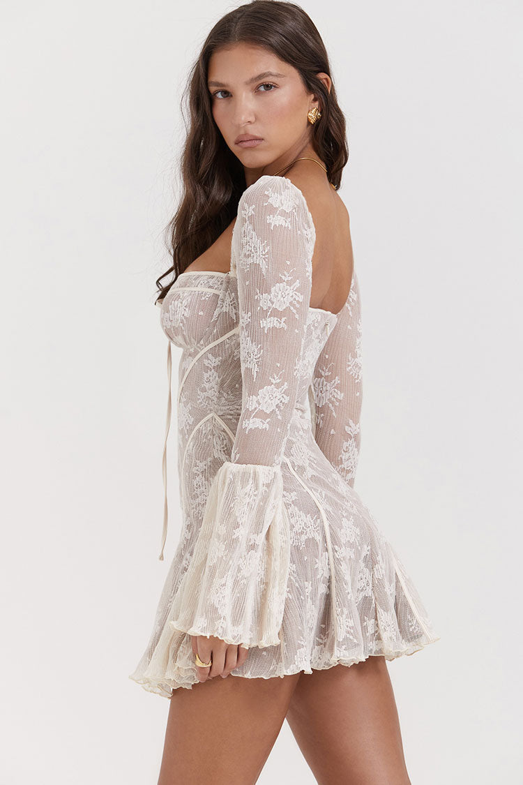 Timeless Tie Neck Bell Sleeve Pleated Floral Lace Fishtail Mini Dress - Beige
