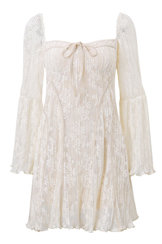 Timeless Tie Neck Bell Sleeve Pleated Floral Lace Fishtail Mini Dress - Beige