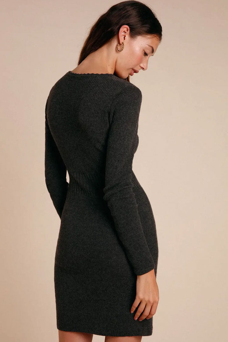 Classic V Neck Halter Button Long Sleeve Fitted Sweater Mini Dress - Black