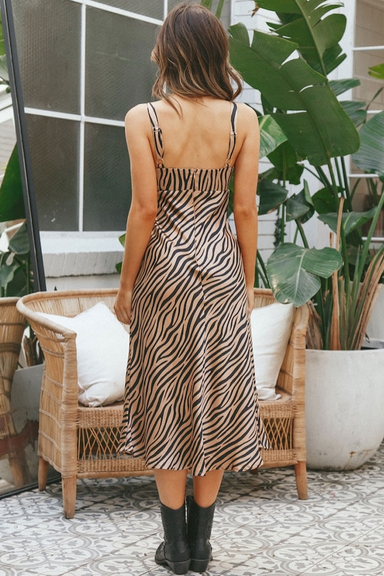 Classic Zebra Print Bow Tie Satin Slip Midi Dress - Coffee
