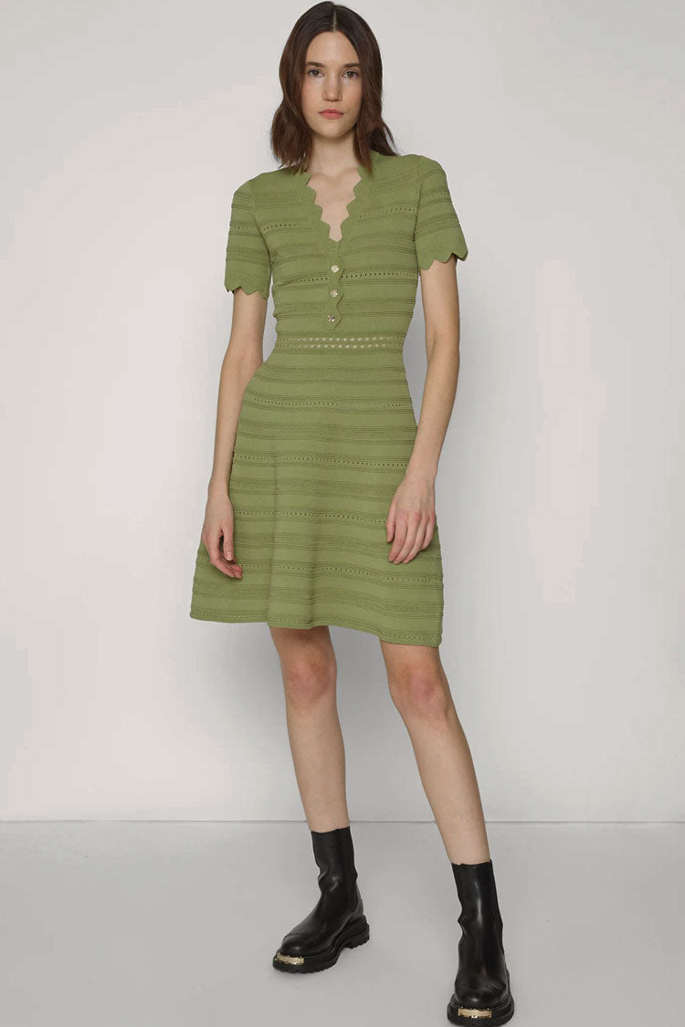 V Wavy Neck Half Button Short Sleeve Summer Sweater Mini Dress - Green