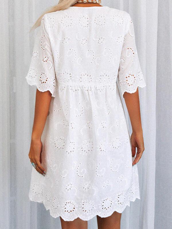 Lace White Hollow V neck Short sleeved Dress