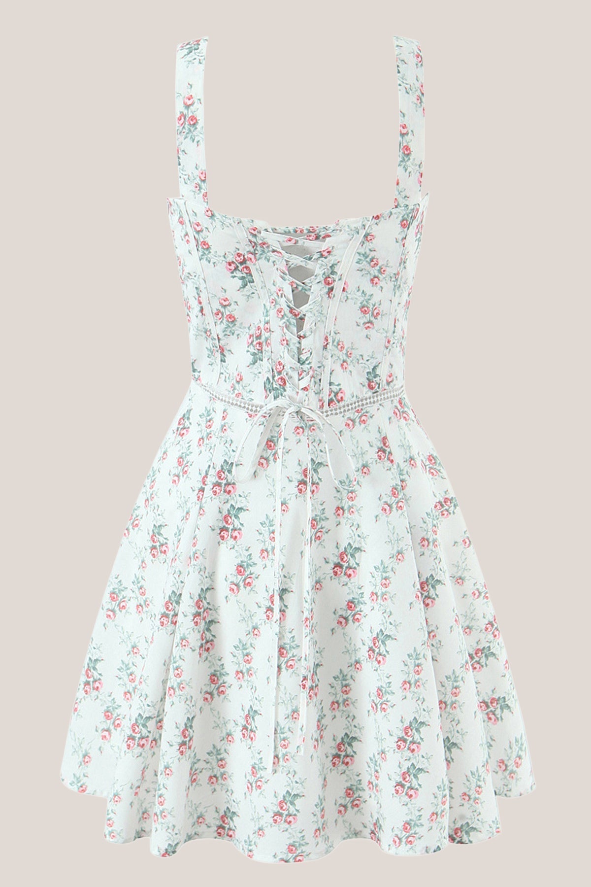 White Classic Rose Printed A-Line Cotton Mini Dress