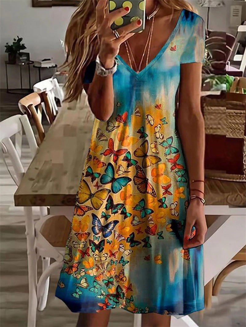 Print Butterfly V Neck Short Sleeve Dress