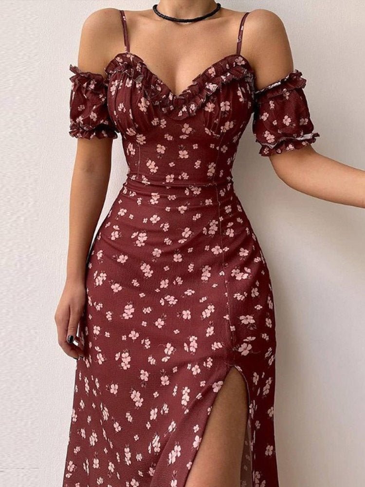 Bloom Print Sling Off The Shoulder Slit Dress