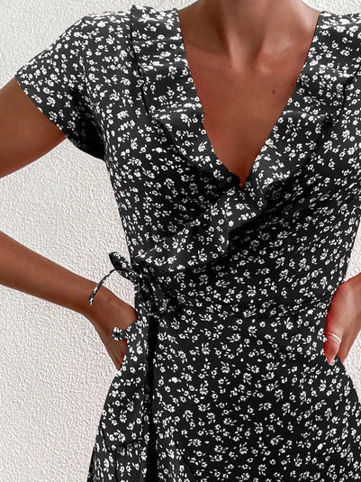 Flower V Neck Ruffled Lace Up Dress