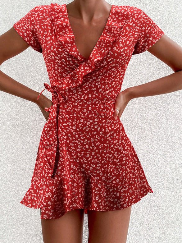 Flower V Neck Ruffled Lace Up Dress