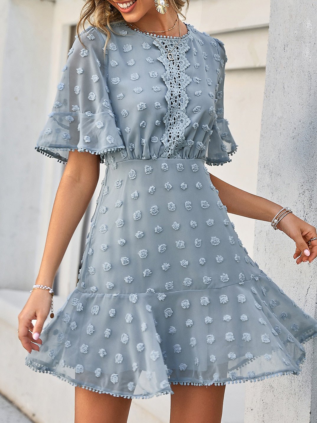 Polka Jacquard Dot Lace Fringed Dress