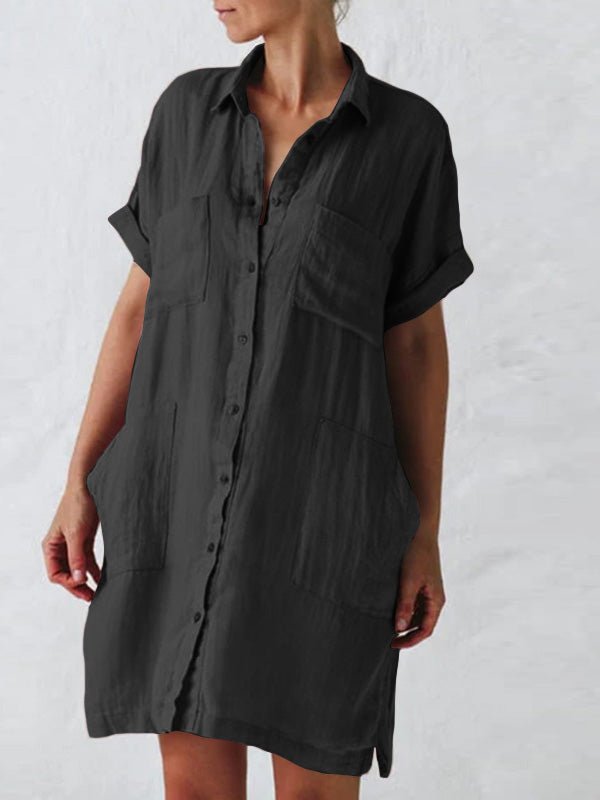 Short Lapel Sleeve Pocket Shirt Dress