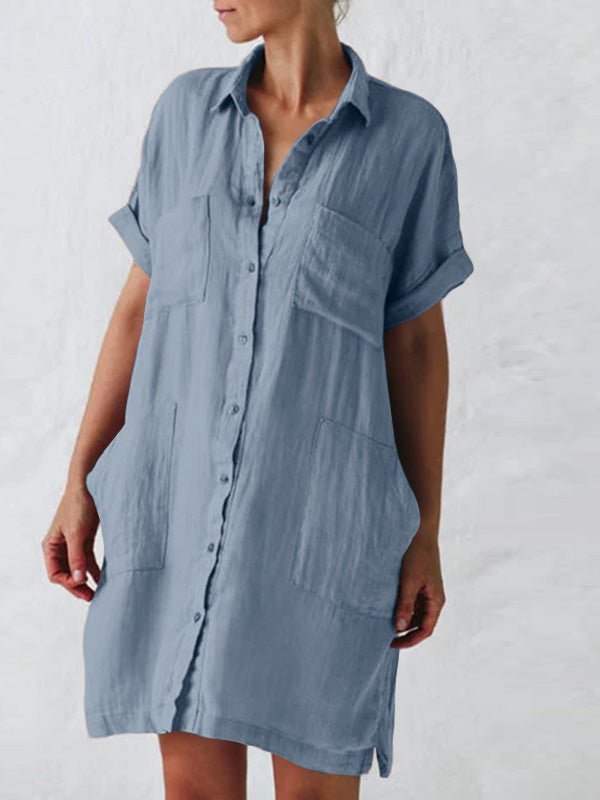 Short Lapel Sleeve Pocket Shirt Dress
