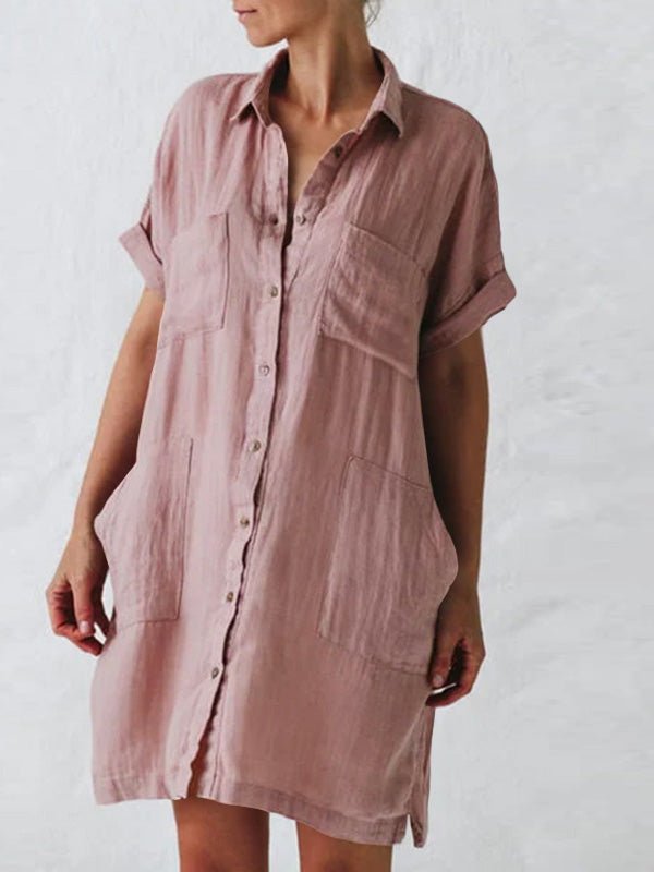 Short Lapel Sleeve Pocket Shirt Dress