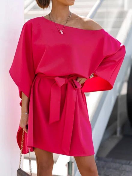 Off Loose Shoulder Belted Doll Sleeve Dress
