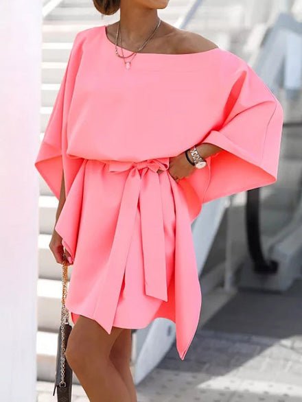 Off Loose Shoulder Belted Doll Sleeve Dress