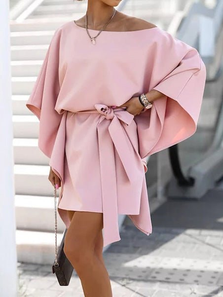 Off Loose Shoulder Belted Doll Sleeve Dress