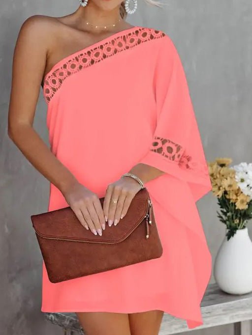 Solid Loose One Shoulder Lace Panel Dress