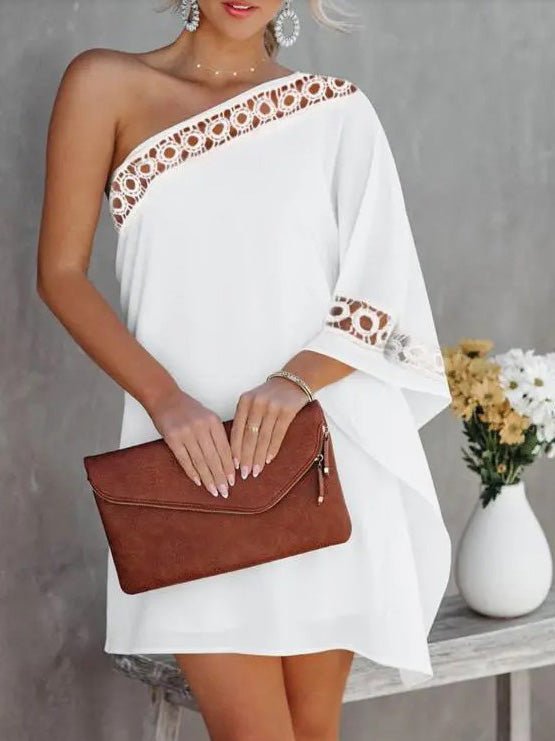 Solid Loose One Shoulder Lace Panel Dress