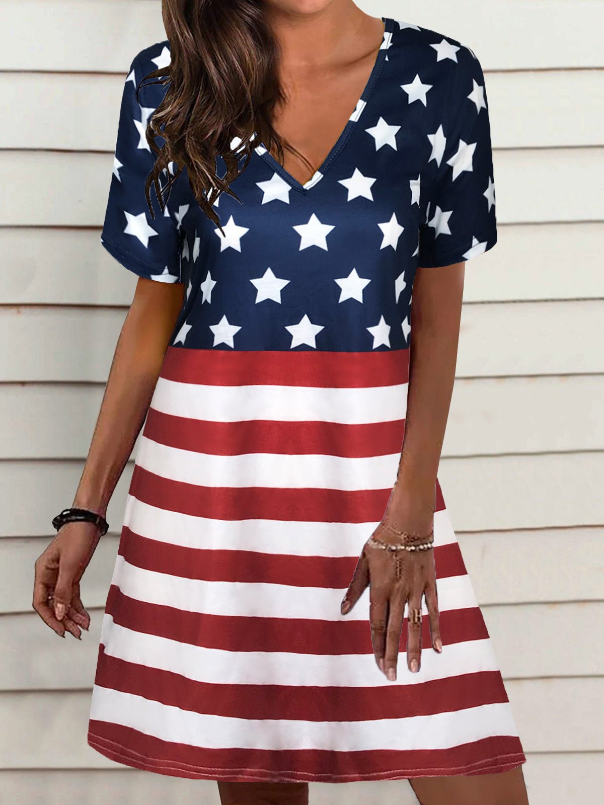 Star Loose Stripe V Neck Short Sleeve Dress