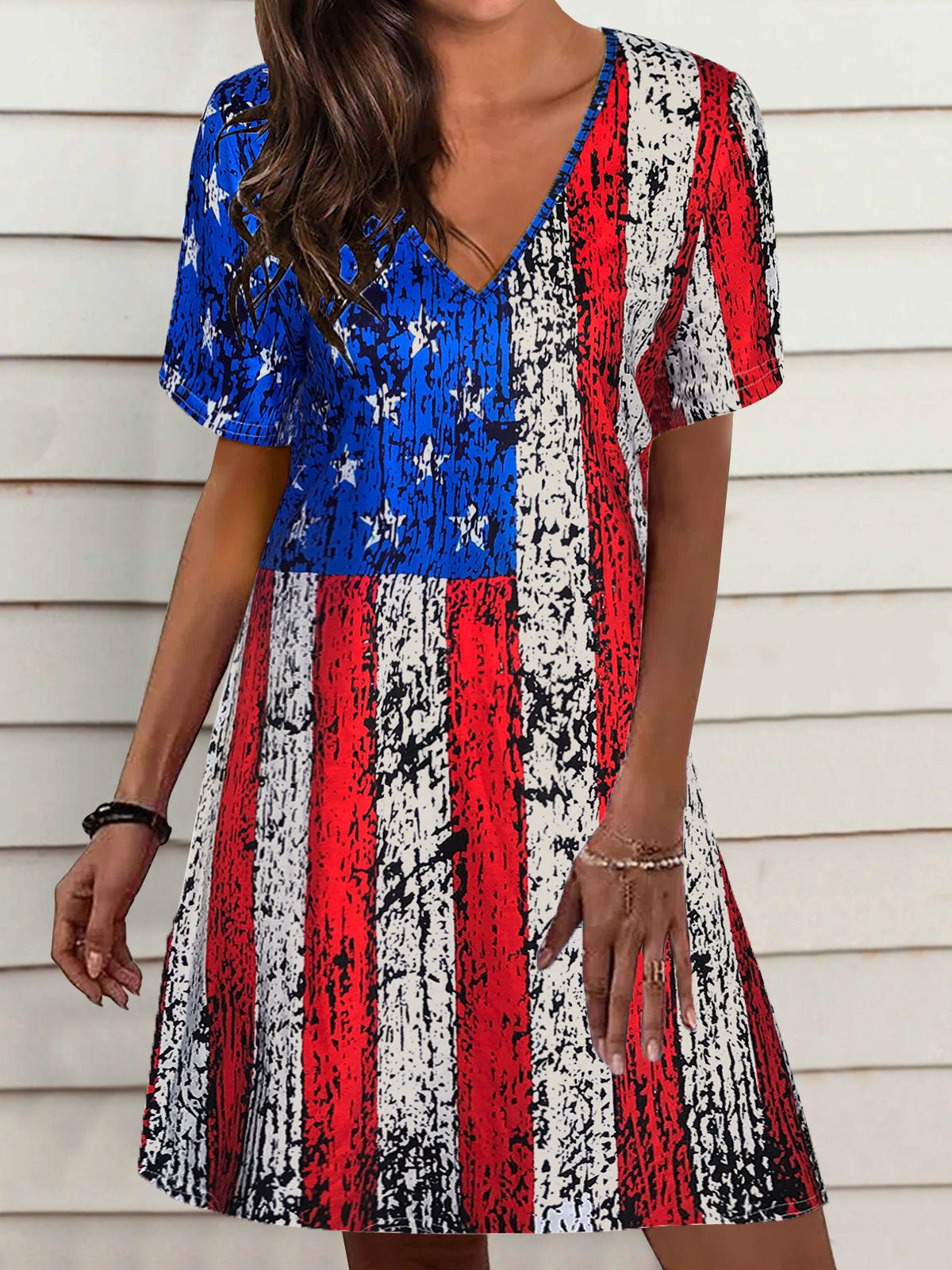 Star Loose Stripe V Neck Short Sleeve Dress