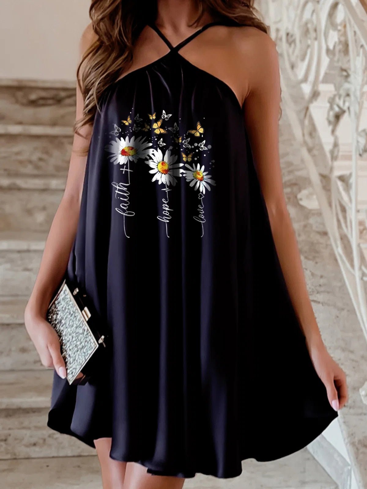 Halter Print Off Shoulder Sleeveless Dress